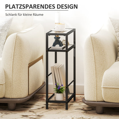 Side Table Small Coffee Table with 3 Levels, Tempered Glass Tabletop, Modern Nightstand Sofa Table with Steel Frame for Living Room, Bedroom, Black