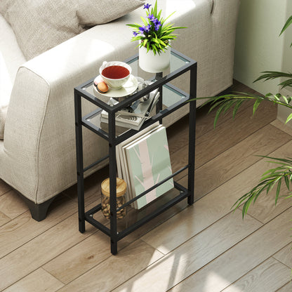 Side Table Small Coffee Table with 3 Levels, Tempered Glass Tabletop, Modern Nightstand Sofa Table with Steel Frame for Living Room, Bedroom, Black