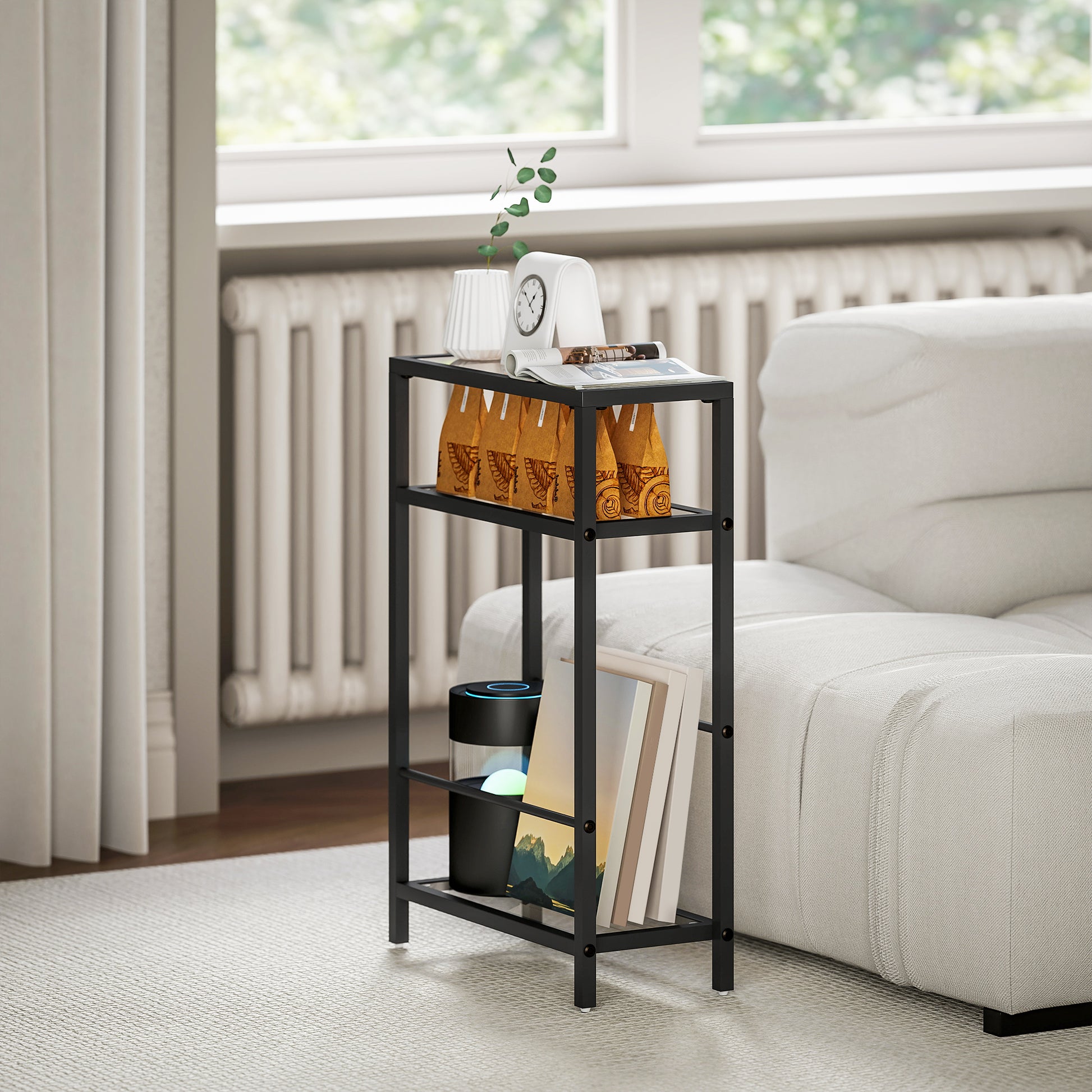 Side Table Small Coffee Table with 3 Levels, Tempered Glass Tabletop, Modern Nightstand Sofa Table with Steel Frame for Living Room, Bedroom, Black