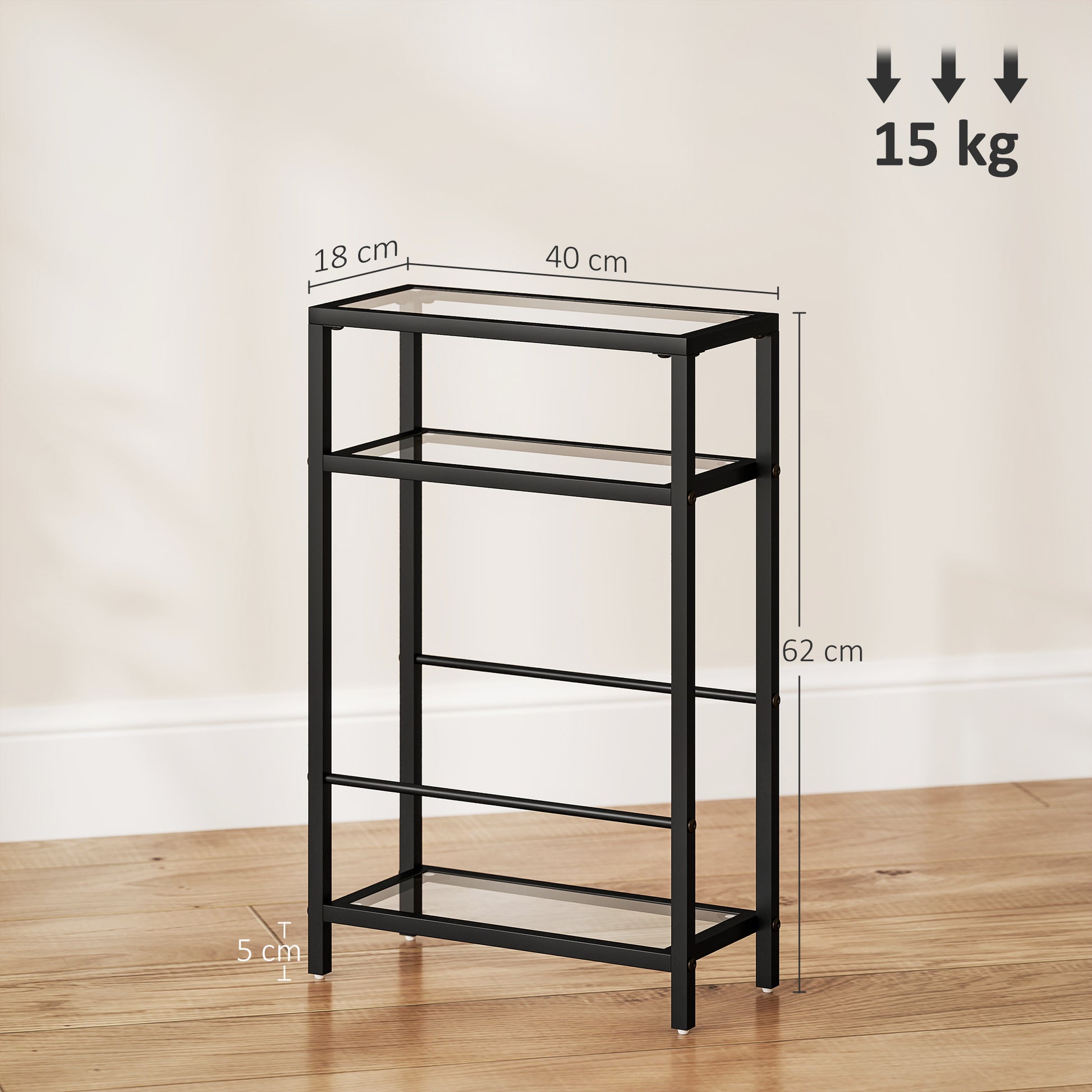 Side Table Small Coffee Table with 3 Levels, Tempered Glass Tabletop, Modern Nightstand Sofa Table with Steel Frame for Living Room, Bedroom, Black