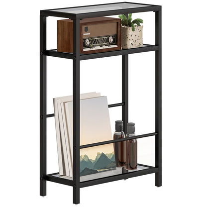 Side Table Small Coffee Table with 3 Levels, Tempered Glass Tabletop, Modern Nightstand Sofa Table with Steel Frame for Living Room, Bedroom, Black