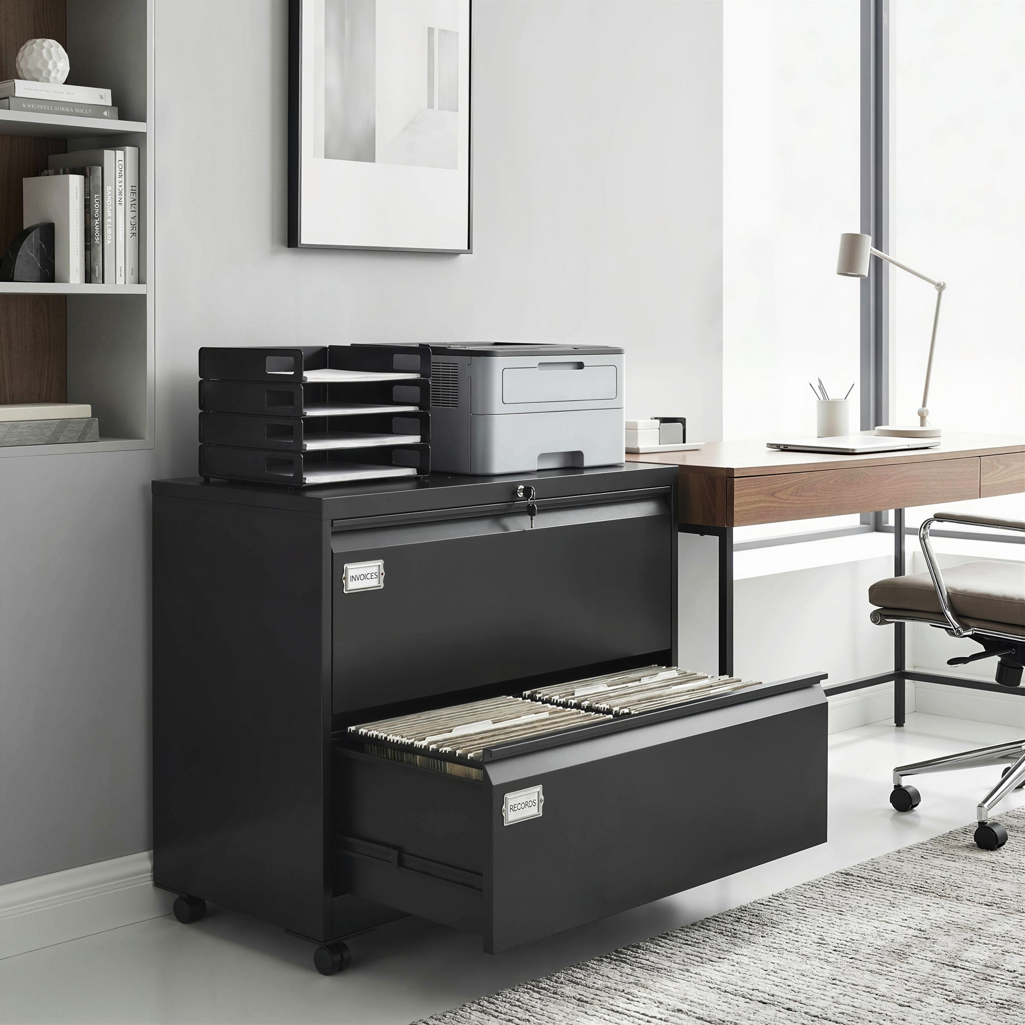 Mobile 2-Drawer Lockable Filing Cabinet with Adjustable Hanging Rails, Steel File Cabinet for Office & Home, Black, 35.4 x 15.7 x 30.5 in