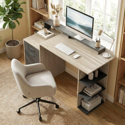 140x60 cm Computer Desk with Drawers, Headphone Hook, Cabinet & Shelves — Oak/Black