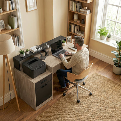 140x60 cm Computer Desk with Drawers, Headphone Hook, Cabinet & Shelves — Oak/Black