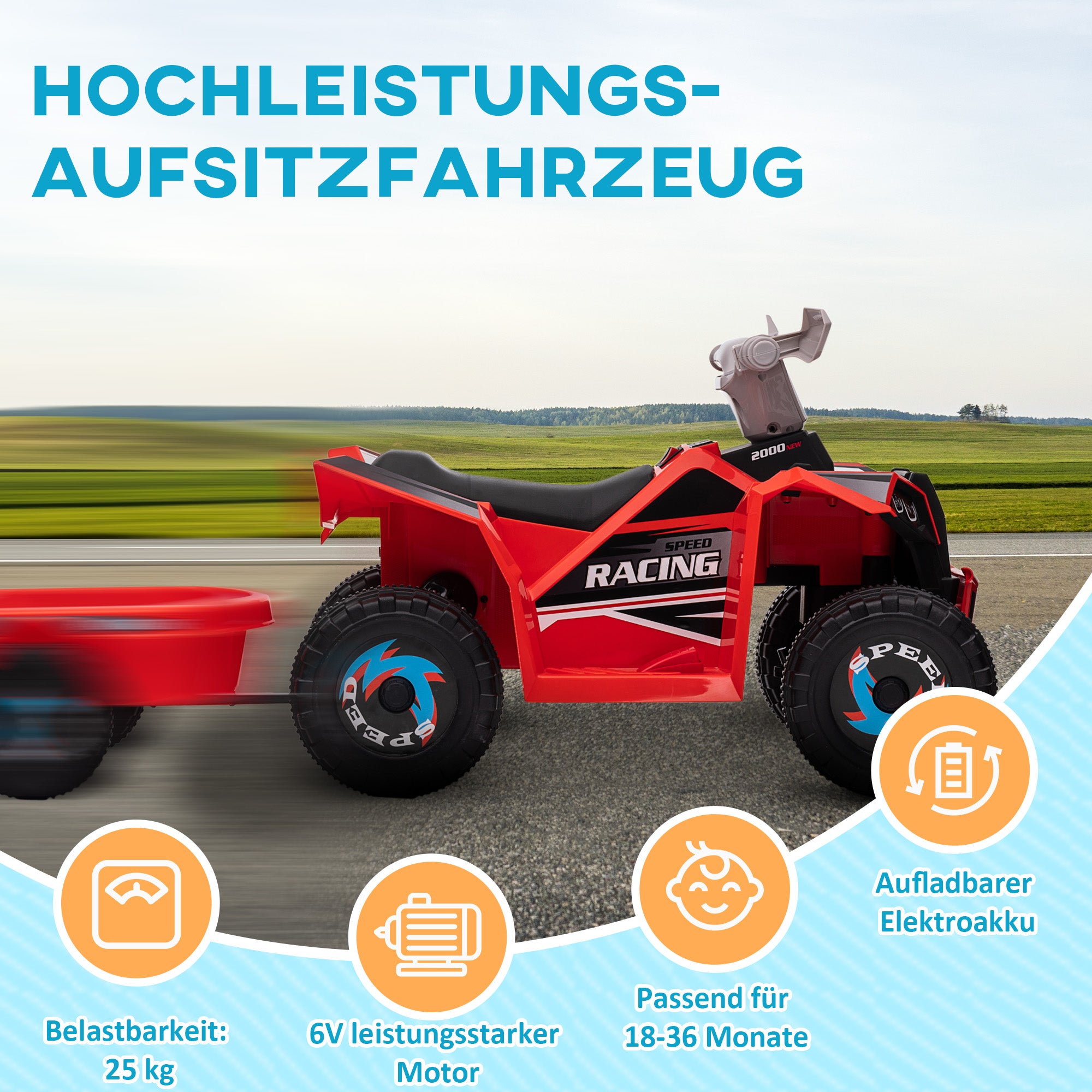 Kids Electric Quad 6V Kid's Quad, Kids Vehicle, Electric Car with Trailer for Kids 1.5-3 years, 2.5 km/h, Metal, 106 x 41.5 x 48.5 cm, Red