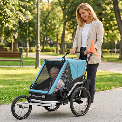 2-in-1 Foldable 2-Seat Bike Trailer & Stroller — 5-Point Harness, Safety Flag, for Children from 12 Months (Max 18 kg / 40 lb)