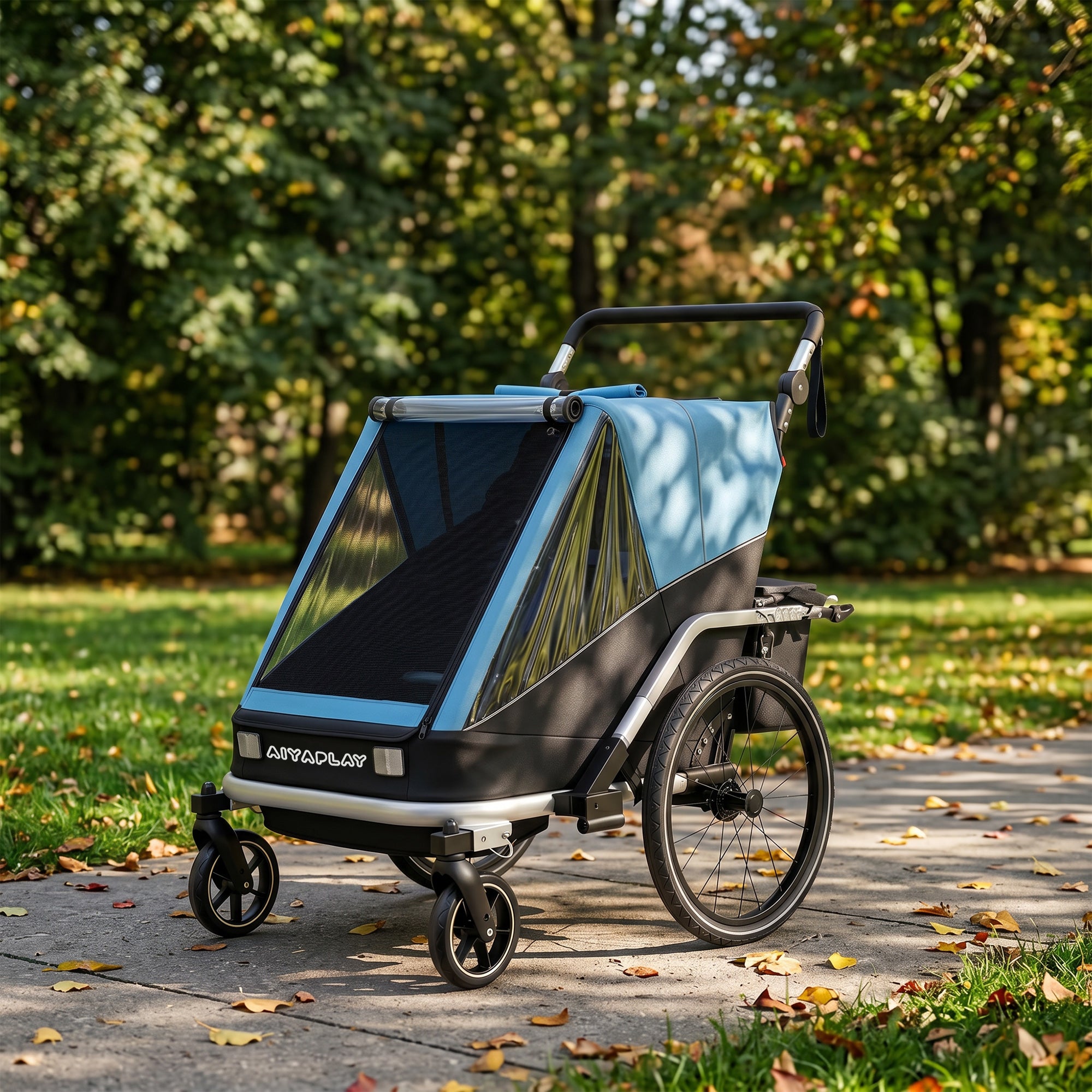 2-in-1 Foldable 2-Seat Bike Trailer & Stroller — 5-Point Harness, Safety Flag, for Children from 12 Months (Max 18 kg / 40 lb)