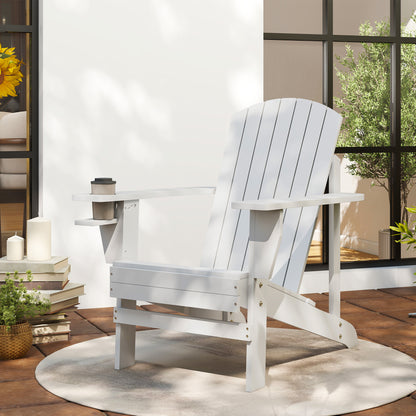 White Wood Adirondack Garden Chair, With Cup Holder, Waterproof and Anti-Mold, 97x72.5x93cm