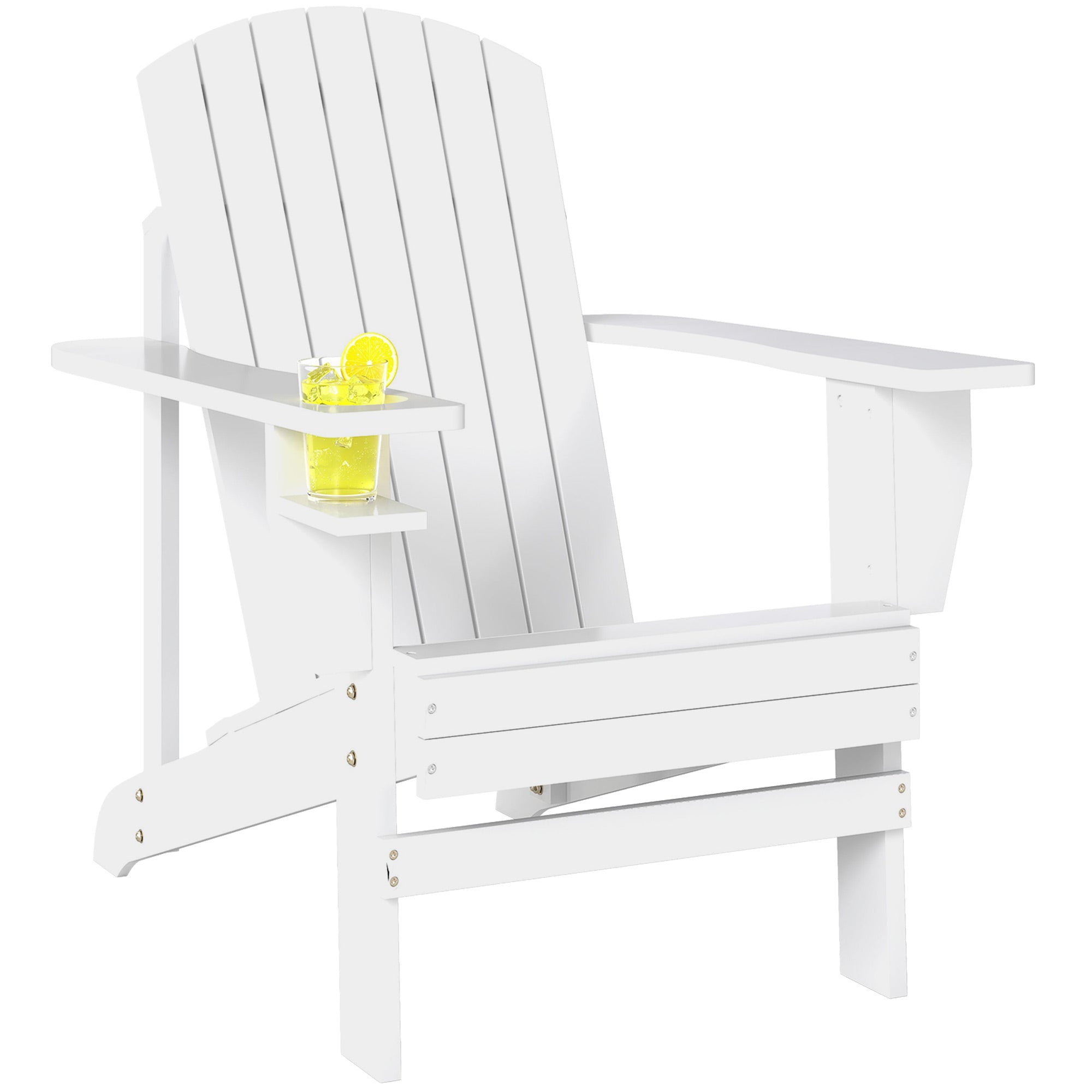 White Wood Adirondack Garden Chair, With Cup Holder, Waterproof and Anti-Mold, 97x72.5x93cm
