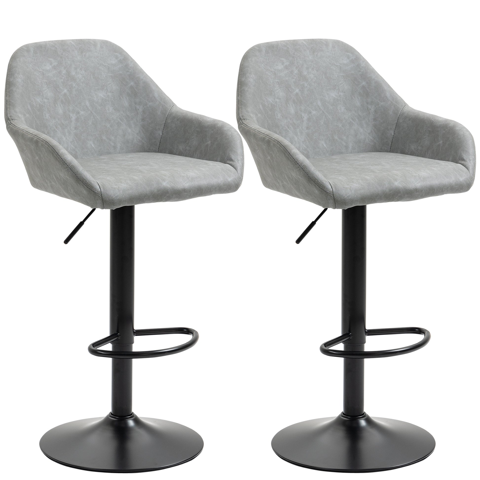 Set of 2 bar stools, modern bar chairs with backrest and footrest, adjustable and 360° swivel high kitchen chair, steel frame, for kitchen, counter, gray