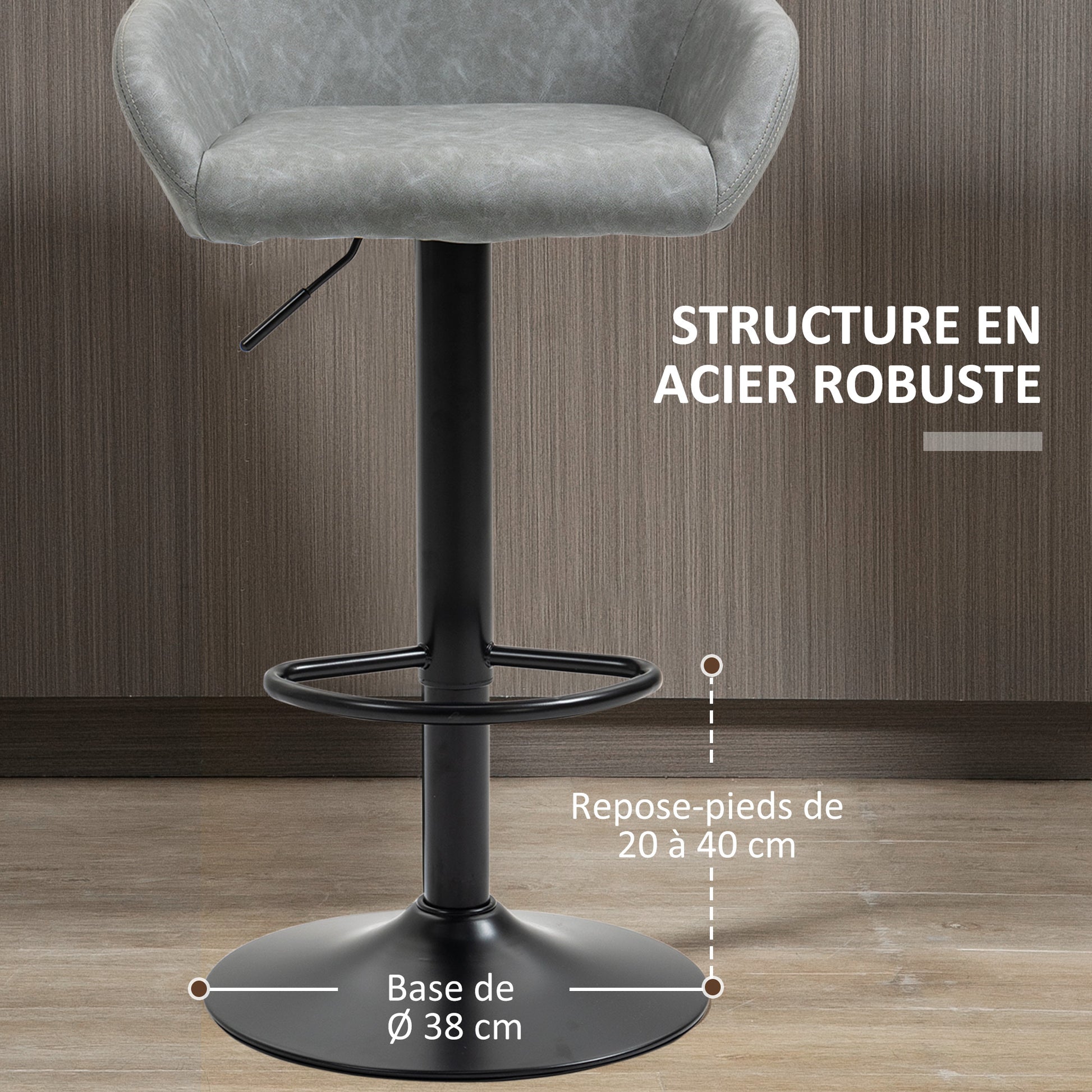 Set of 2 bar stools, modern bar chairs with backrest and footrest, adjustable and 360° swivel high kitchen chair, steel frame, for kitchen, counter, gray