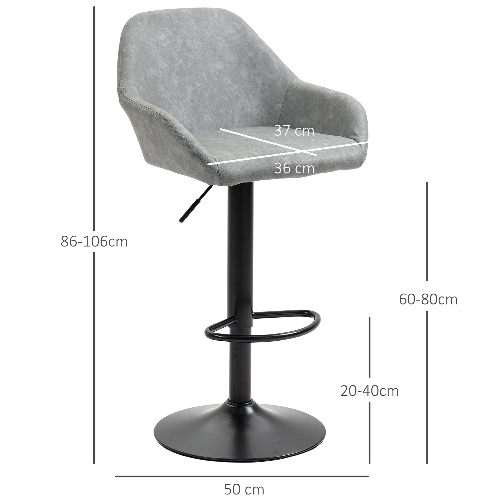 Set of 2 bar stools, modern bar chairs with backrest and footrest, adjustable and 360° swivel high kitchen chair, steel frame, for kitchen, counter, gray