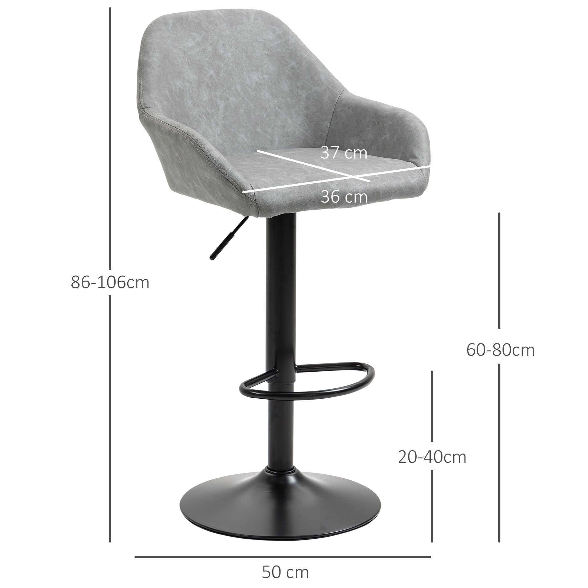 Set of 2 bar stools, modern bar chairs with backrest and footrest, adjustable and 360° swivel high kitchen chair, steel frame, for kitchen, counter, gray