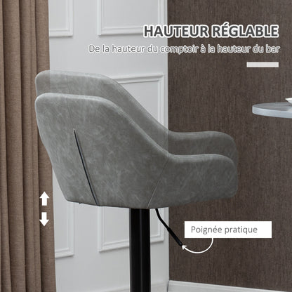 Set of 2 bar stools, modern bar chairs with backrest and footrest, adjustable and 360° swivel high kitchen chair, steel frame, for kitchen, counter, gray