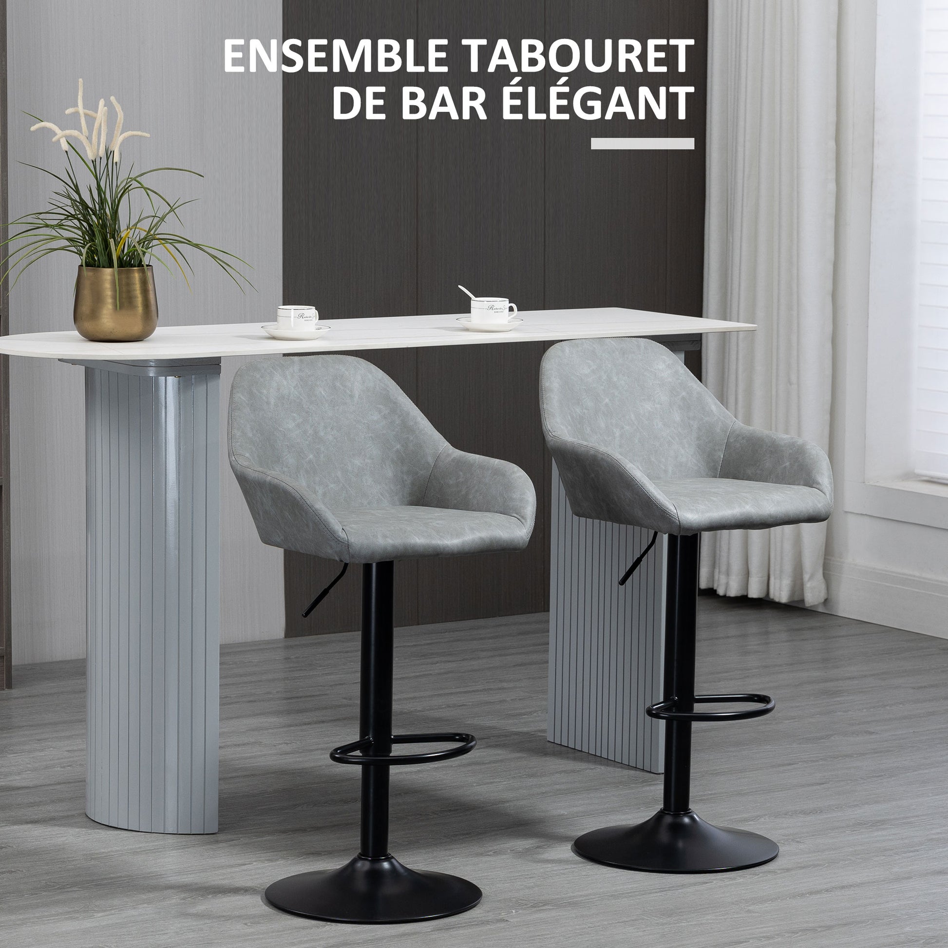 Set of 2 bar stools, modern bar chairs with backrest and footrest, adjustable and 360° swivel high kitchen chair, steel frame, for kitchen, counter, gray