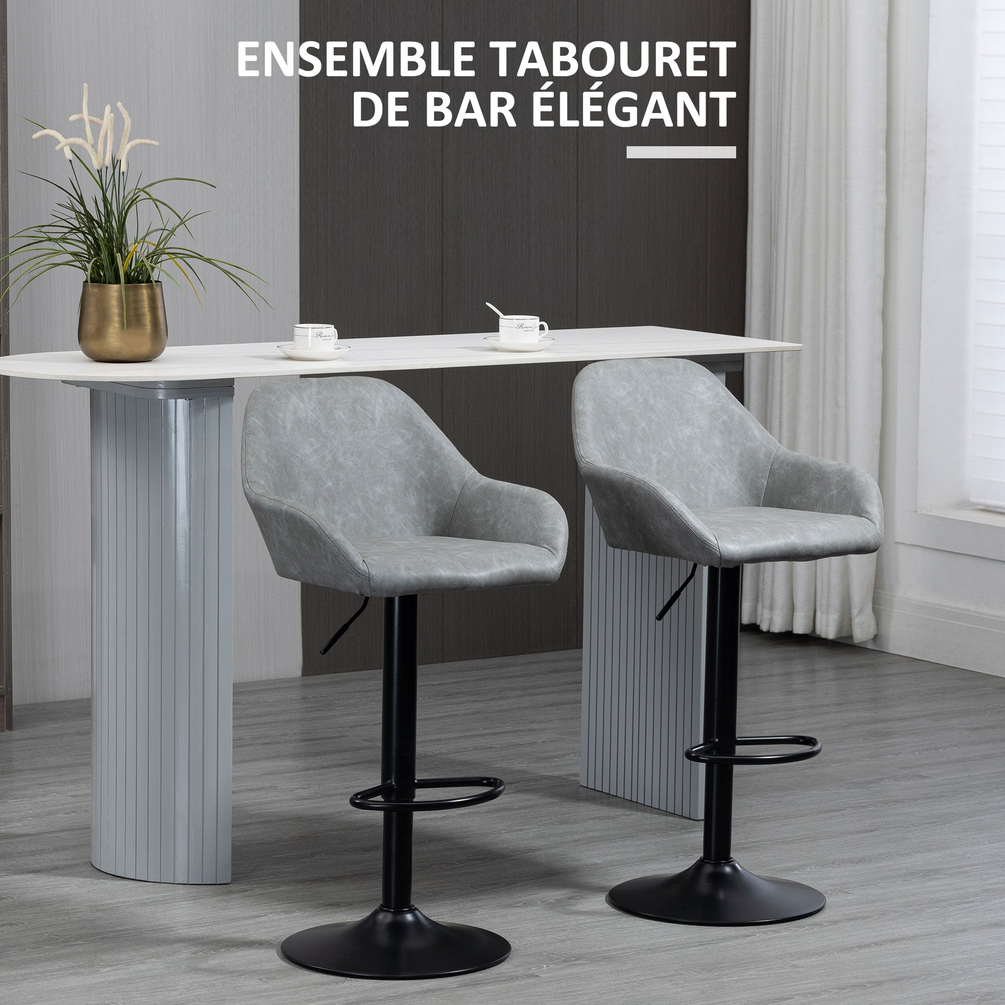 Set of 2 bar stools, modern bar chairs with backrest and footrest, adjustable and 360° swivel high kitchen chair, steel frame, for kitchen, counter, gray