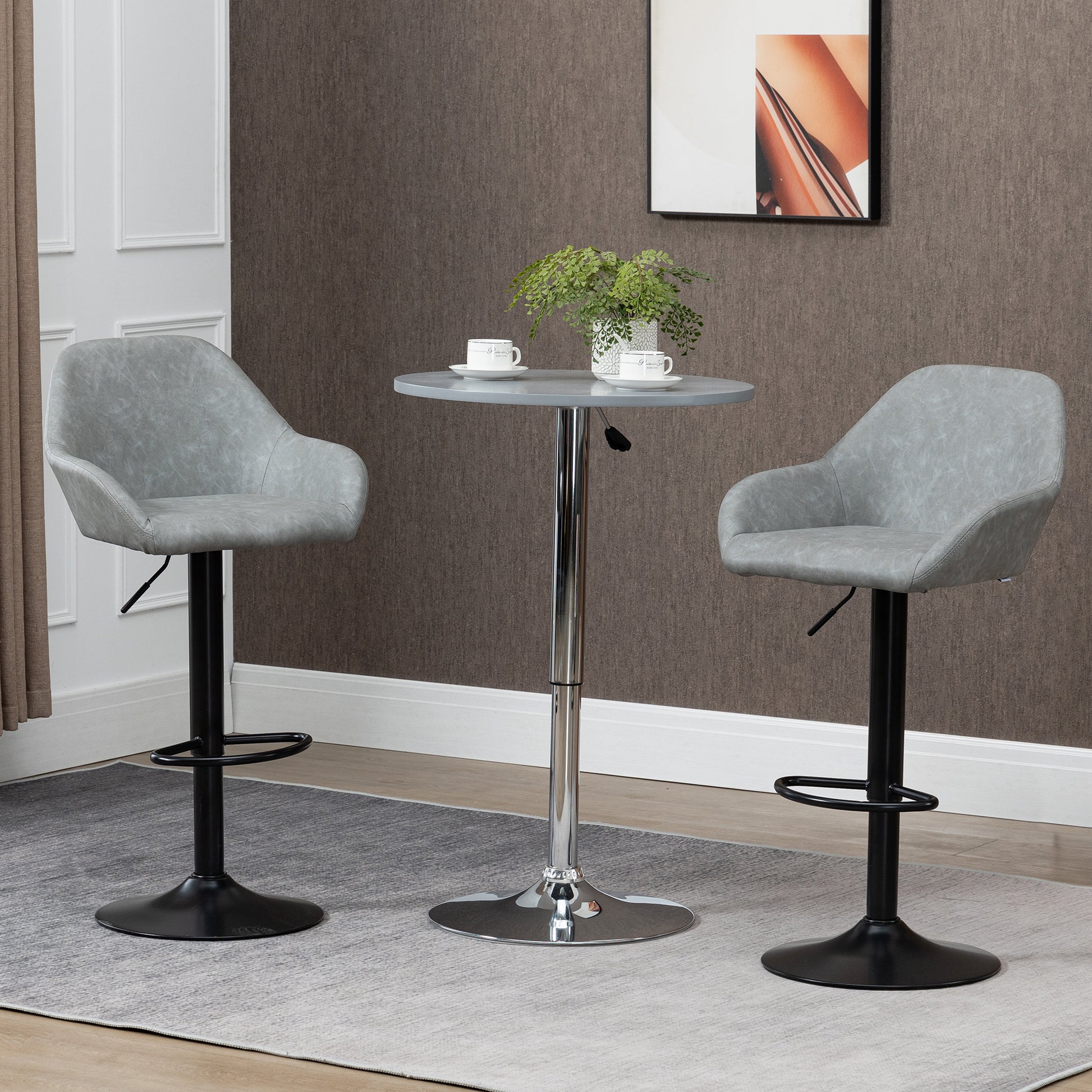 Set of 2 bar stools, modern bar chairs with backrest and footrest, adjustable and 360° swivel high kitchen chair, steel frame, for kitchen, counter, gray