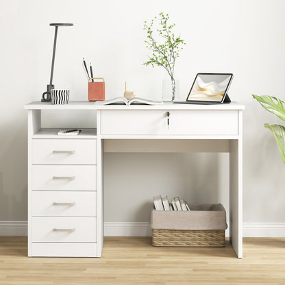 Office and Bedroom Desk, PC and Computer Desk, Wooden with 5 Drawers, Work Surface, 2 Keys, Modern, 110x50x76cm, White