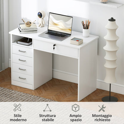 Office and Bedroom Desk, PC and Computer Desk, Wooden with 5 Drawers, Work Surface, 2 Keys, Modern, 110x50x76cm, White