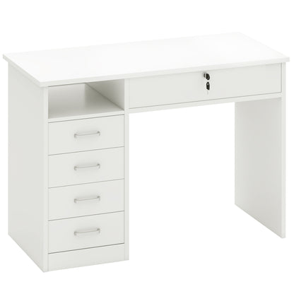 Office and Bedroom Desk, PC and Computer Desk, Wooden with 5 Drawers, Work Surface, 2 Keys, Modern, 110x50x76cm, White