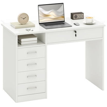 Office and Bedroom Desk, PC and Computer Desk, Wooden with 5 Drawers, Work Surface, 2 Keys, Modern, 110x50x76cm, White