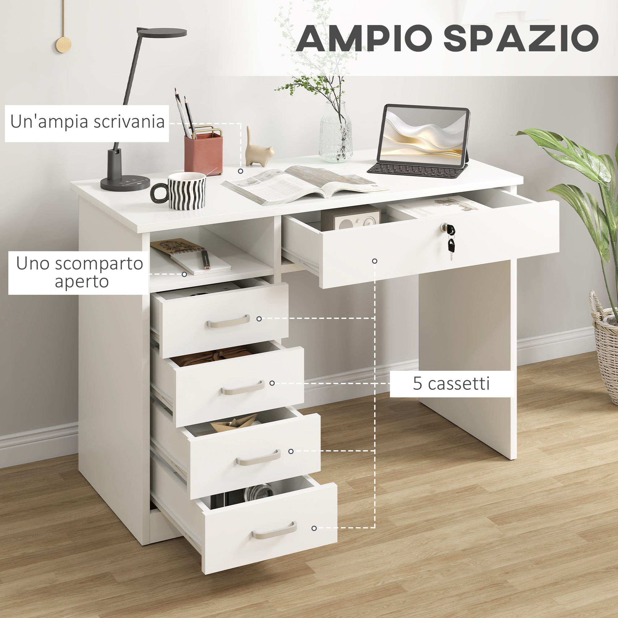 Office and Bedroom Desk, PC and Computer Desk, Wooden with 5 Drawers, Work Surface, 2 Keys, Modern, 110x50x76cm, White