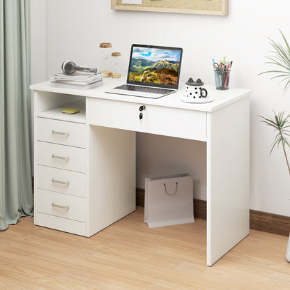 Office and Bedroom Desk, PC and Computer Desk, Wooden with 5 Drawers, Work Surface, 2 Keys, Modern, 110x50x76cm, White