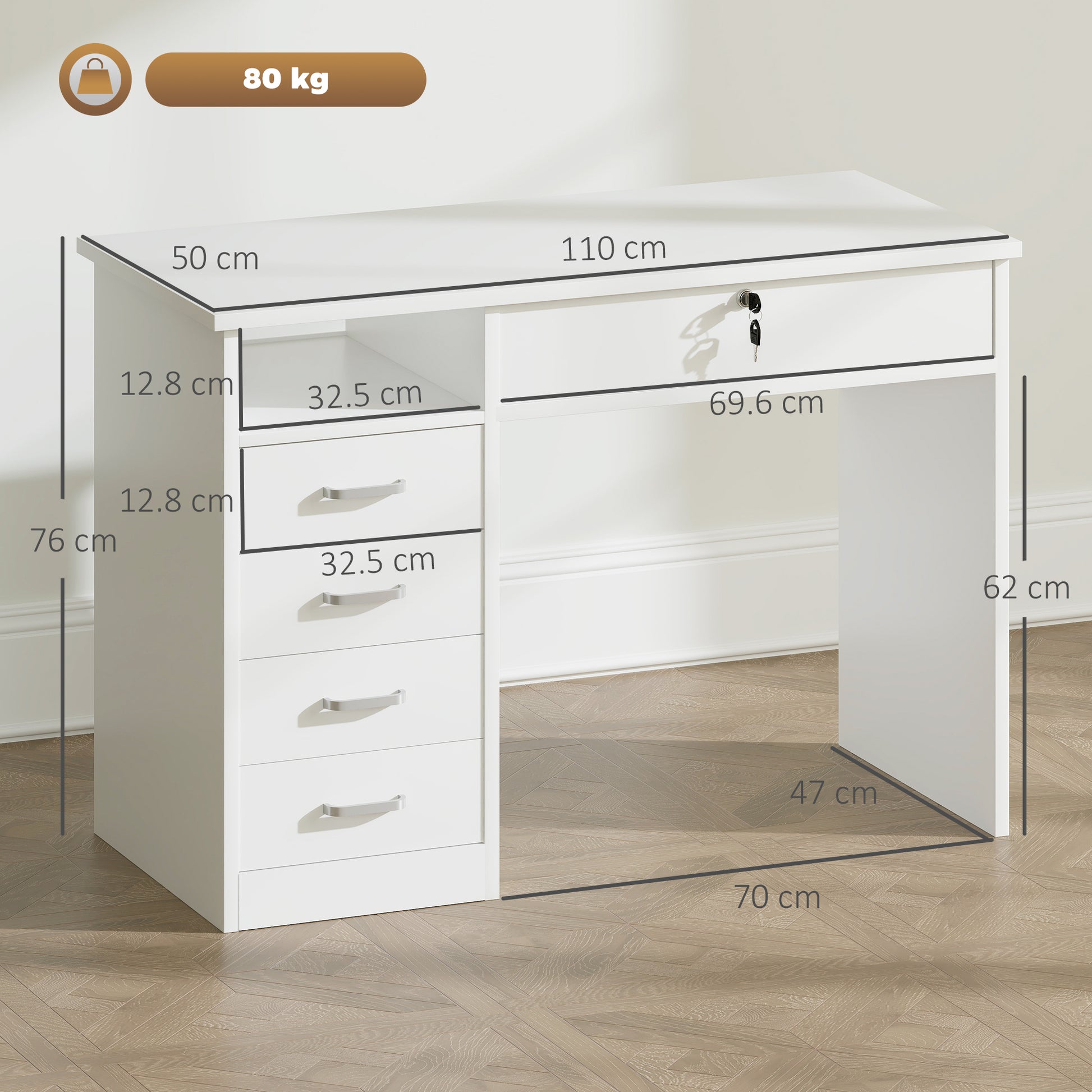 Office and Bedroom Desk, PC and Computer Desk, Wooden with 5 Drawers, Work Surface, 2 Keys, Modern, 110x50x76cm, White