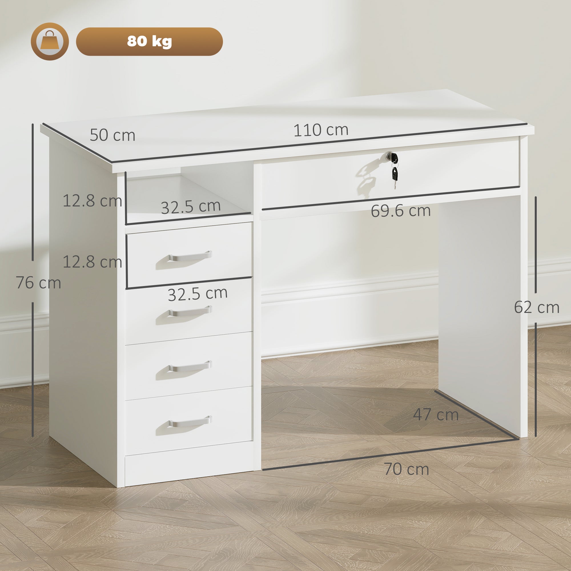 Office and Bedroom Desk, PC and Computer Desk, Wooden with 5 Drawers, Work Surface, 2 Keys, Modern, 110x50x76cm, White