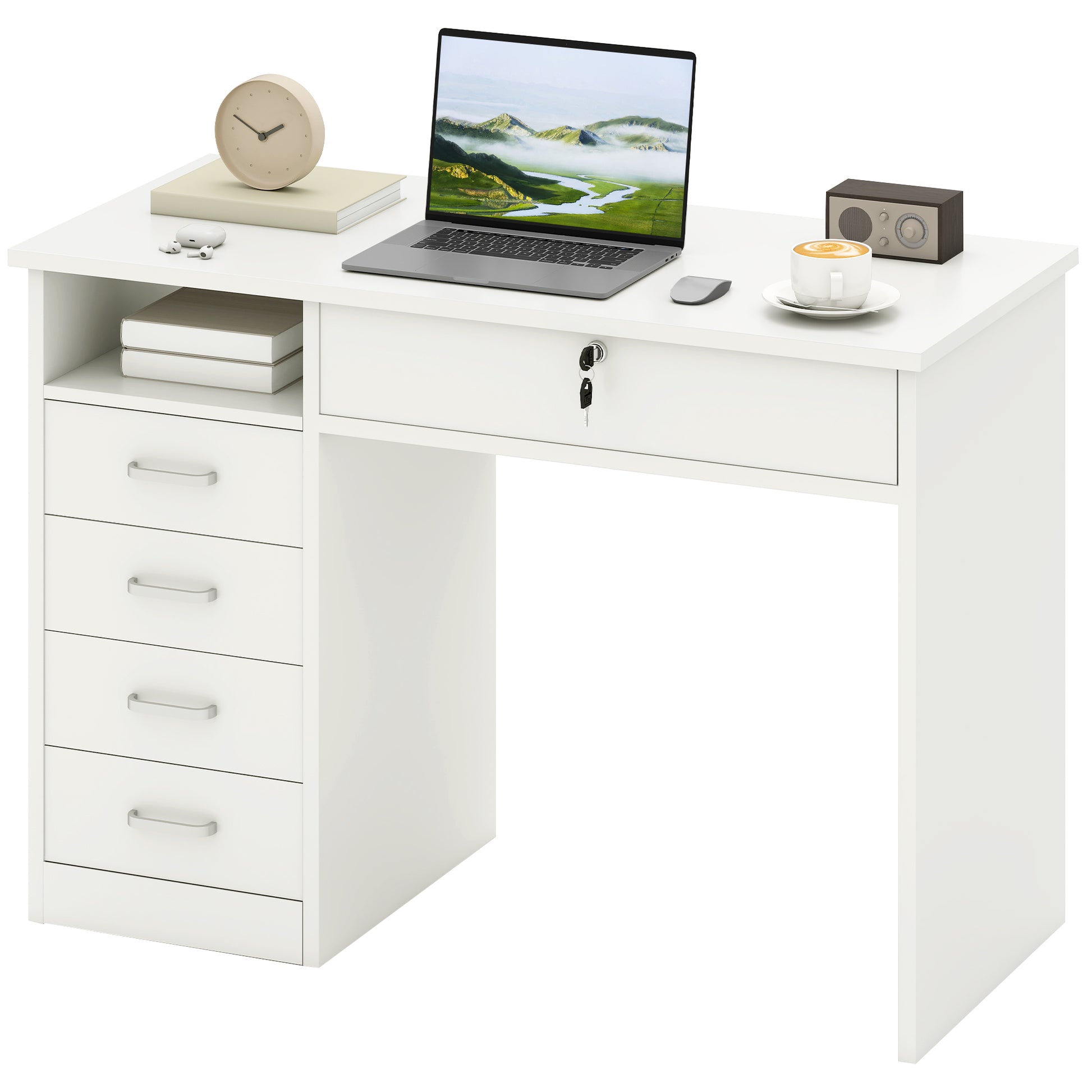 Office and Bedroom Desk, PC and Computer Desk, Wooden with 5 Drawers, Work Surface, 2 Keys, Modern, 110x50x76cm, White