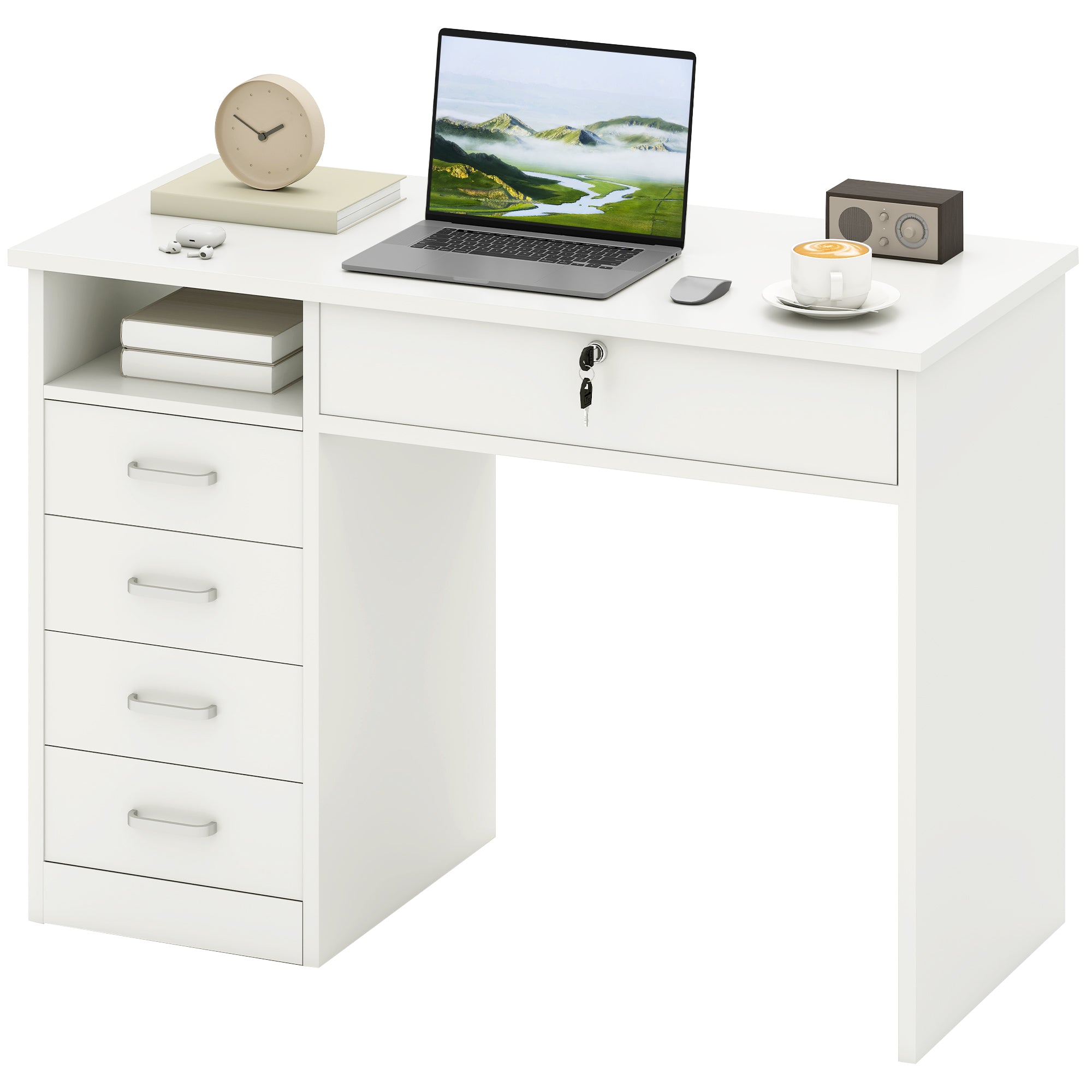 Office and Bedroom Desk, PC and Computer Desk, Wooden with 5 Drawers, Work Surface, 2 Keys, Modern, 110x50x76cm, White