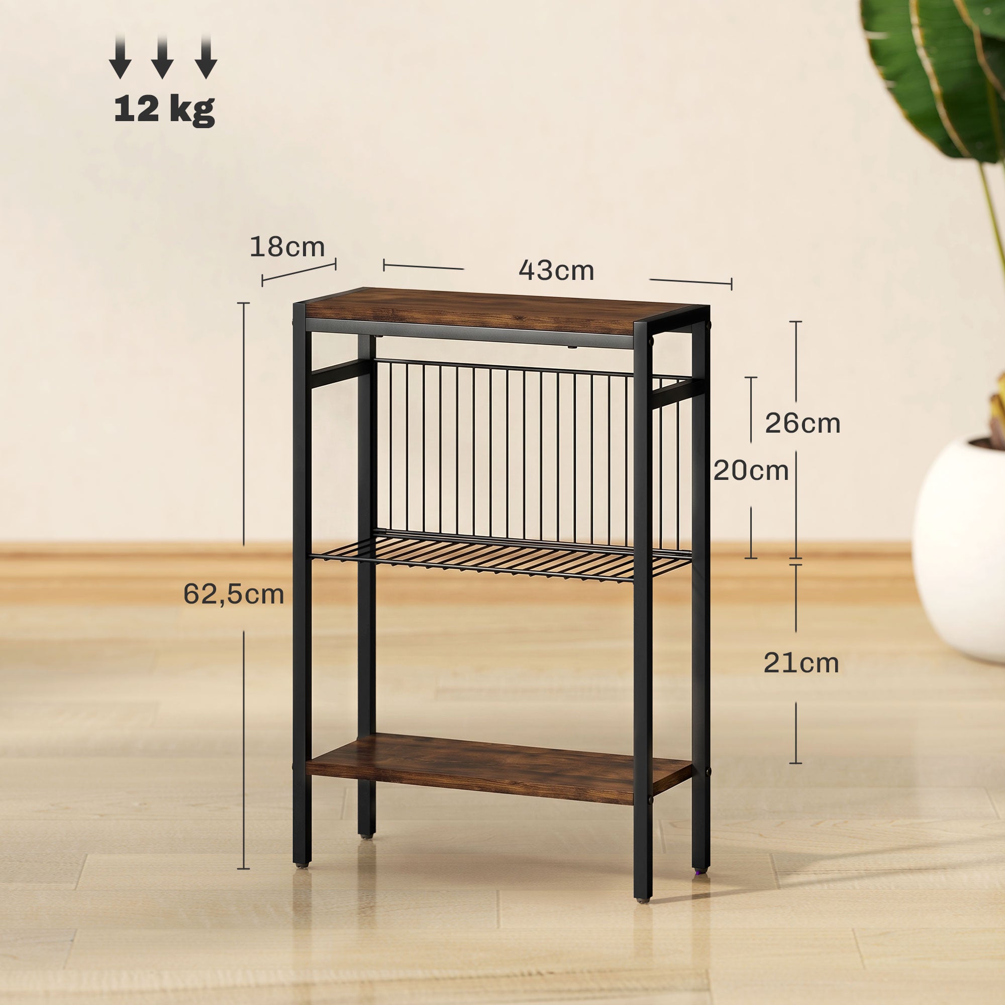3-Shelf Side Table – Small Coffee/End Table with Metal Frame, Rustic Brown