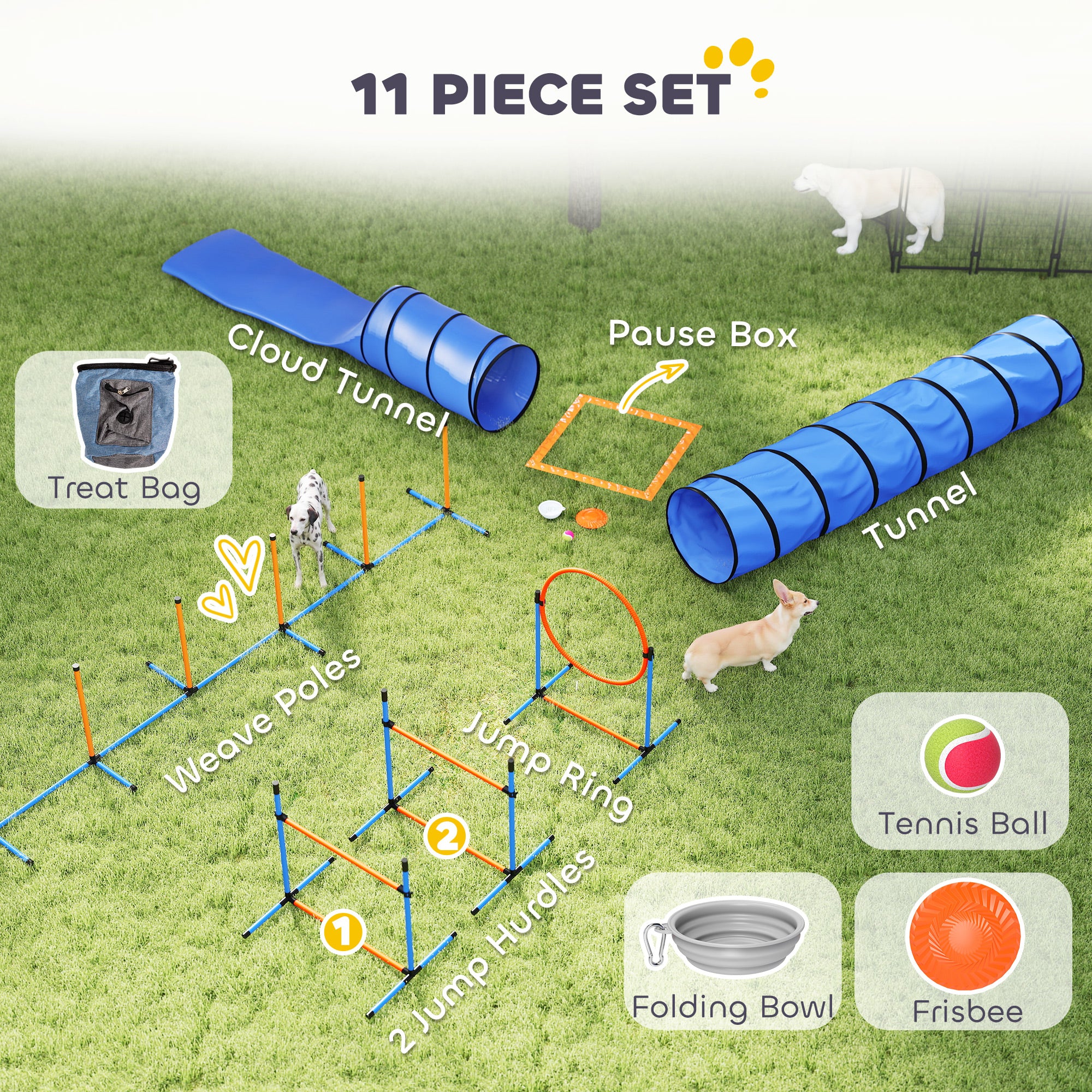 11-Piece Dog Agility Set — Adjustable Jumps, 2 Tunnels, Hoop, Weave Poles & Carry Bag
