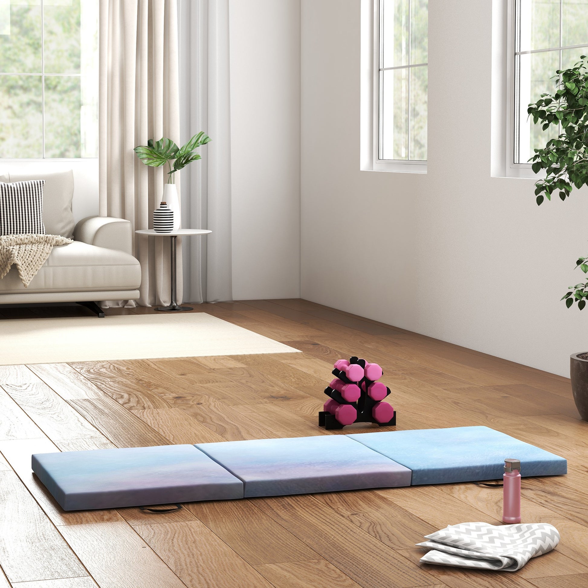 Folding Gymnastics Mat, Thick Gymnastics Mat, 180 x 60 x 5 cm, with Handle, Floor Mat for Yoga, Sport, Fitness, Pilates, Synthetic Cover, Blue