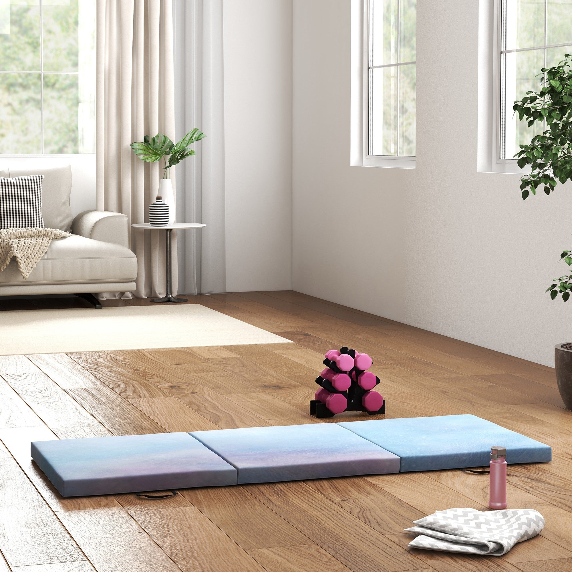 Folding Gymnastics Mat, Thick Gymnastics Mat, 180 x 60 x 5 cm, with Handle, Floor Mat for Yoga, Sport, Fitness, Pilates, Synthetic Cover, Blue