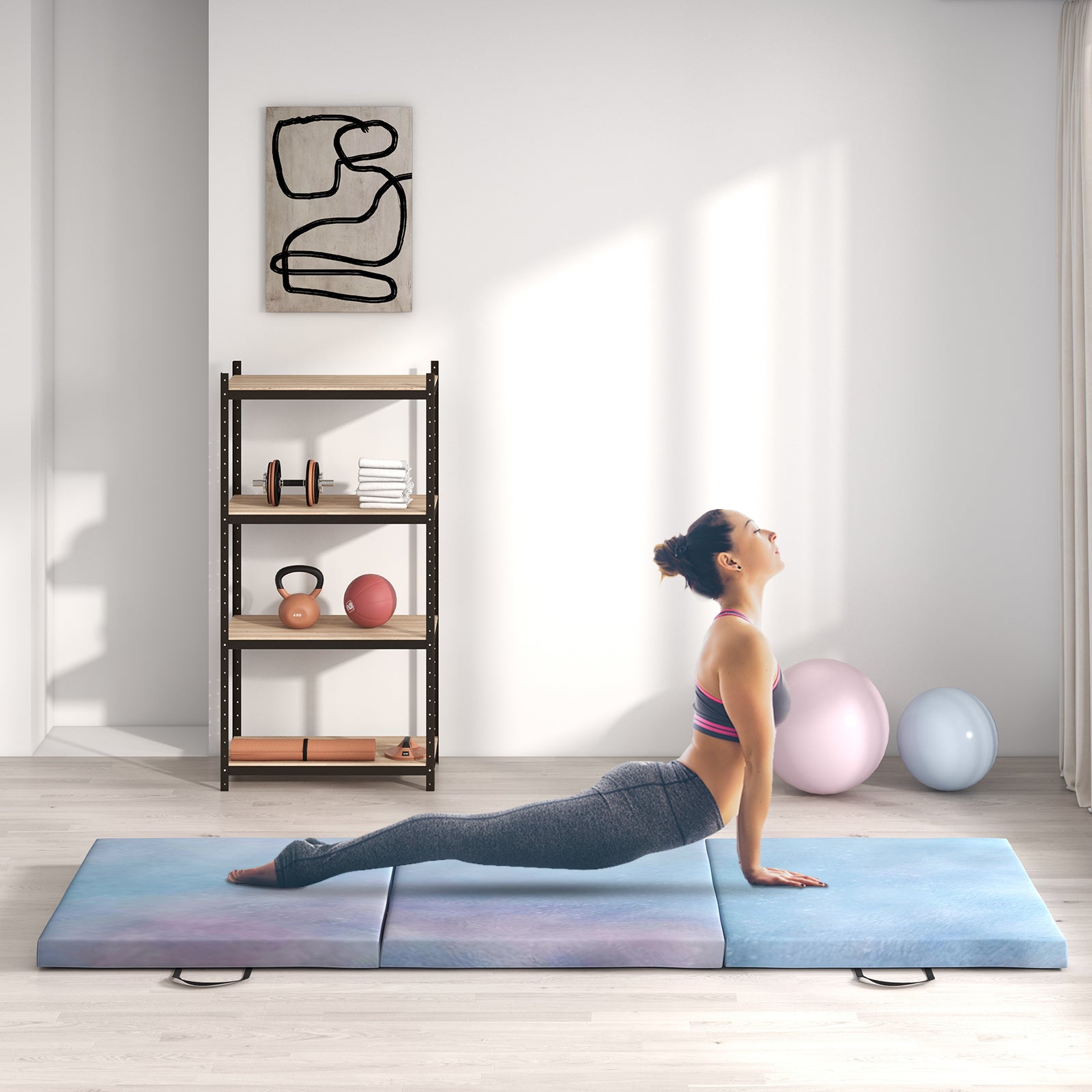 Folding Gymnastics Mat, Thick Gymnastics Mat, 180 x 60 x 5 cm, with Handle, Floor Mat for Yoga, Sport, Fitness, Pilates, Synthetic Cover, Blue