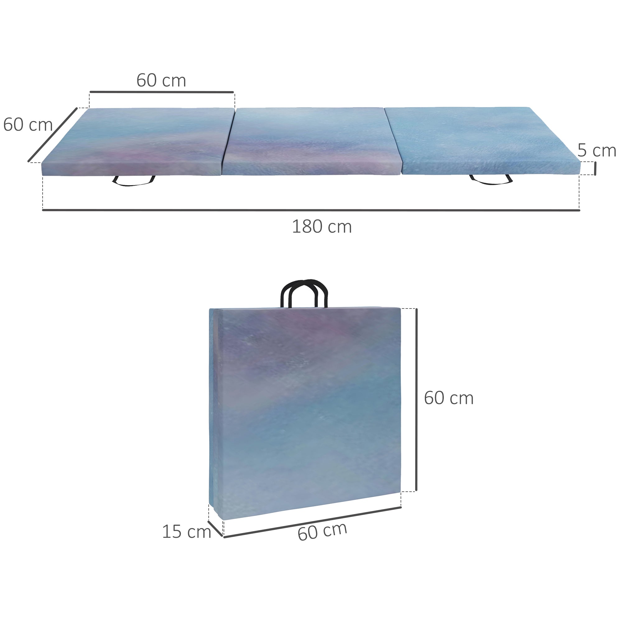 Folding Gymnastics Mat, Thick Gymnastics Mat, 180 x 60 x 5 cm, with Handle, Floor Mat for Yoga, Sport, Fitness, Pilates, Synthetic Cover, Blue
