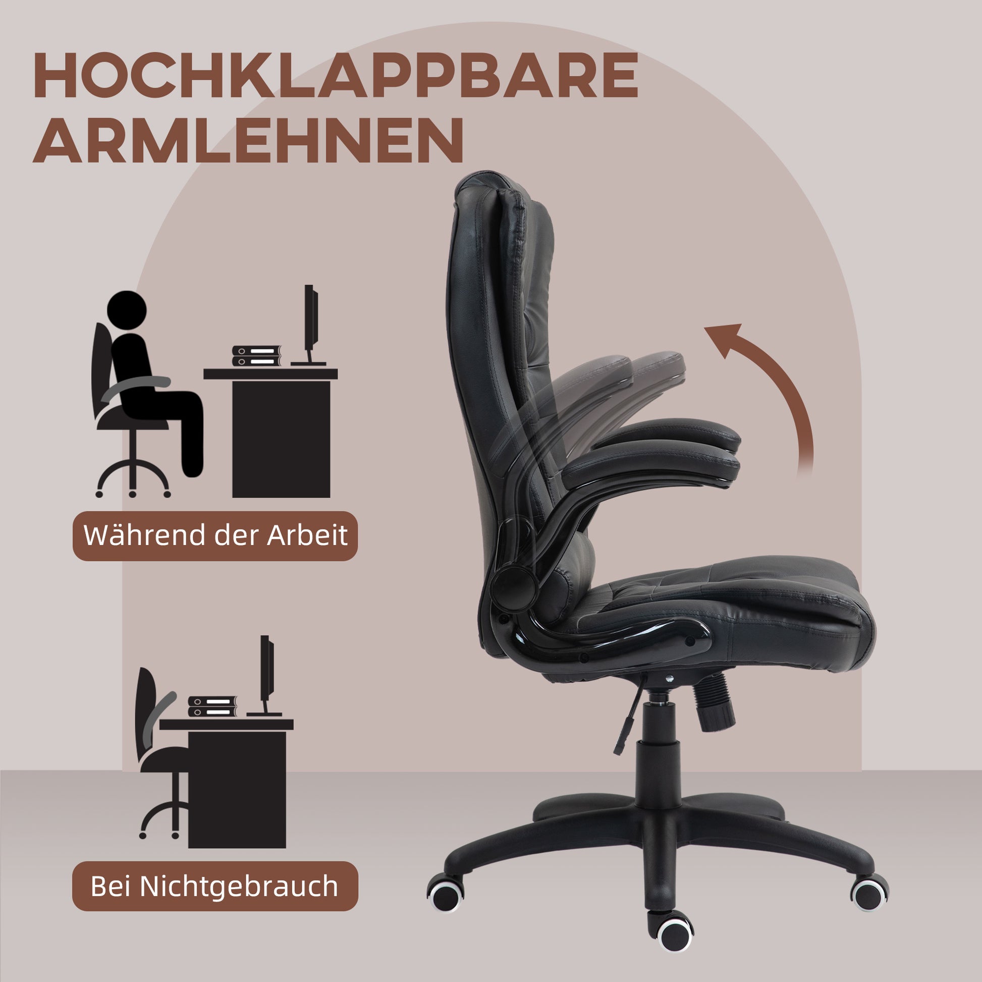 Office Chair, Ergonomic Desk Chair with Foldable Armrest, Height-Adjustable Swivel Chair with Rocking Function, Faux Leather, Padded Computer Chair, Executive Chair, Black