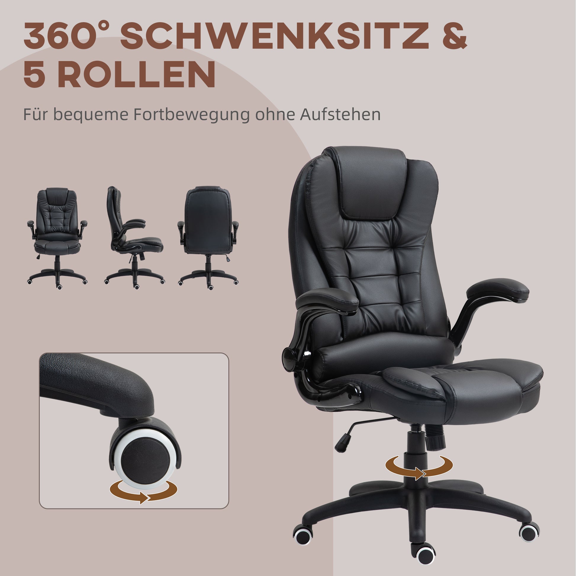 Office Chair, Ergonomic Desk Chair with Foldable Armrest, Height-Adjustable Swivel Chair with Rocking Function, Faux Leather, Padded Computer Chair, Executive Chair, Black