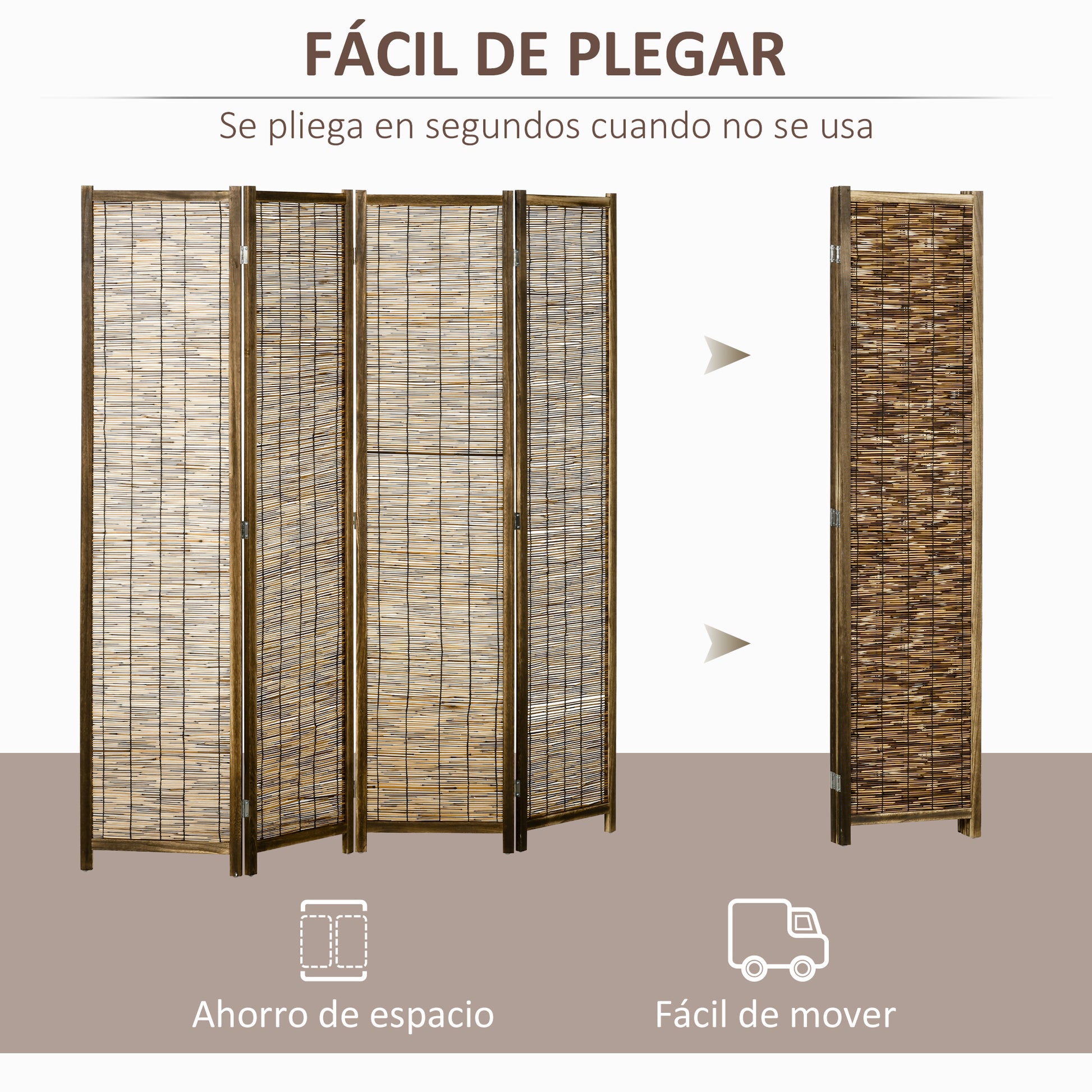 4-Panel Folding Room Divider 63"L x 0.7"W x 67"H Rustic Style Wooden and Reed Room Separator for Office Bedroom Living Room Natural