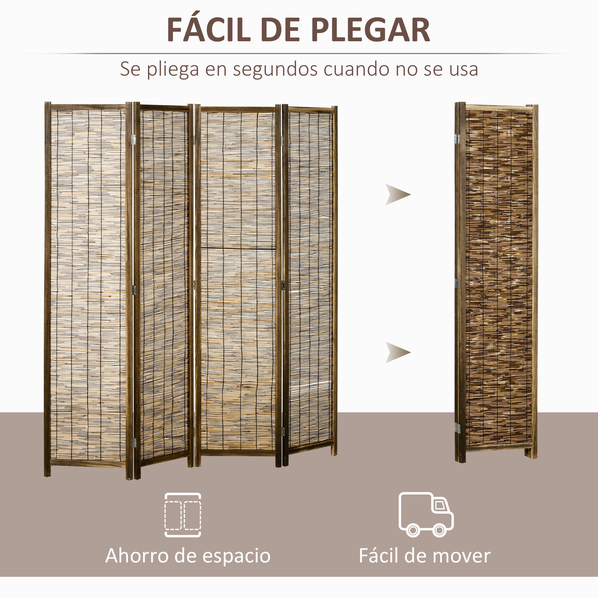 4-Panel Folding Room Divider 63"L x 0.7"W x 67"H Rustic Style Wooden and Reed Room Separator for Office Bedroom Living Room Natural