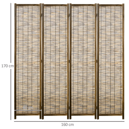 4-Panel Folding Room Divider 63"L x 0.7"W x 67"H Rustic Style Wooden and Reed Room Separator for Office Bedroom Living Room Natural