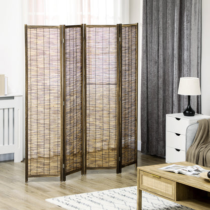 4-Panel Folding Room Divider 63"L x 0.7"W x 67"H Rustic Style Wooden and Reed Room Separator for Office Bedroom Living Room Natural