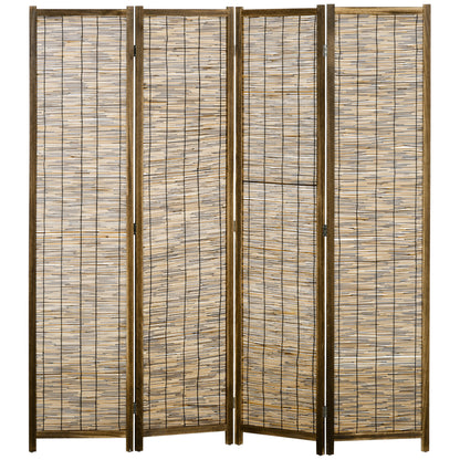 4-Panel Folding Room Divider 63"L x 0.7"W x 67"H Rustic Style Wooden and Reed Room Separator for Office Bedroom Living Room Natural