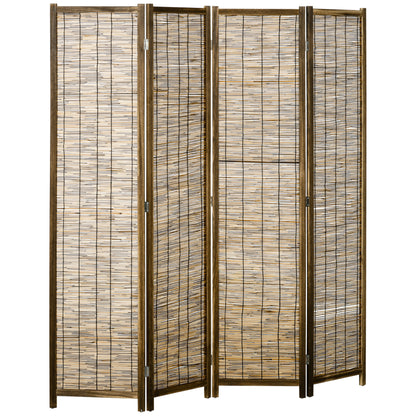 4-Panel Folding Room Divider 63"L x 0.7"W x 67"H Rustic Style Wooden and Reed Room Separator for Office Bedroom Living Room Natural