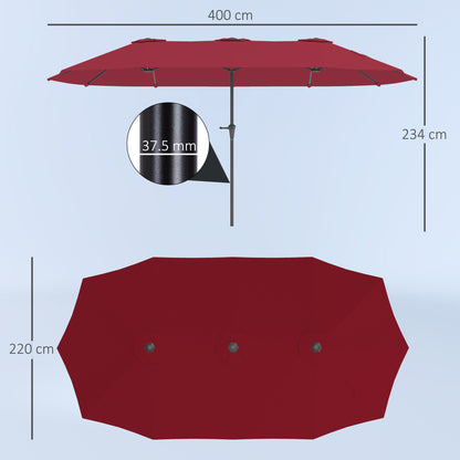 Double Garden Umbrella 4x2.2 m with 12 Ribs with Air Vents and Crank, Metal and Polyester Outdoor Umbrella, Anti UV 30+, Wine Red