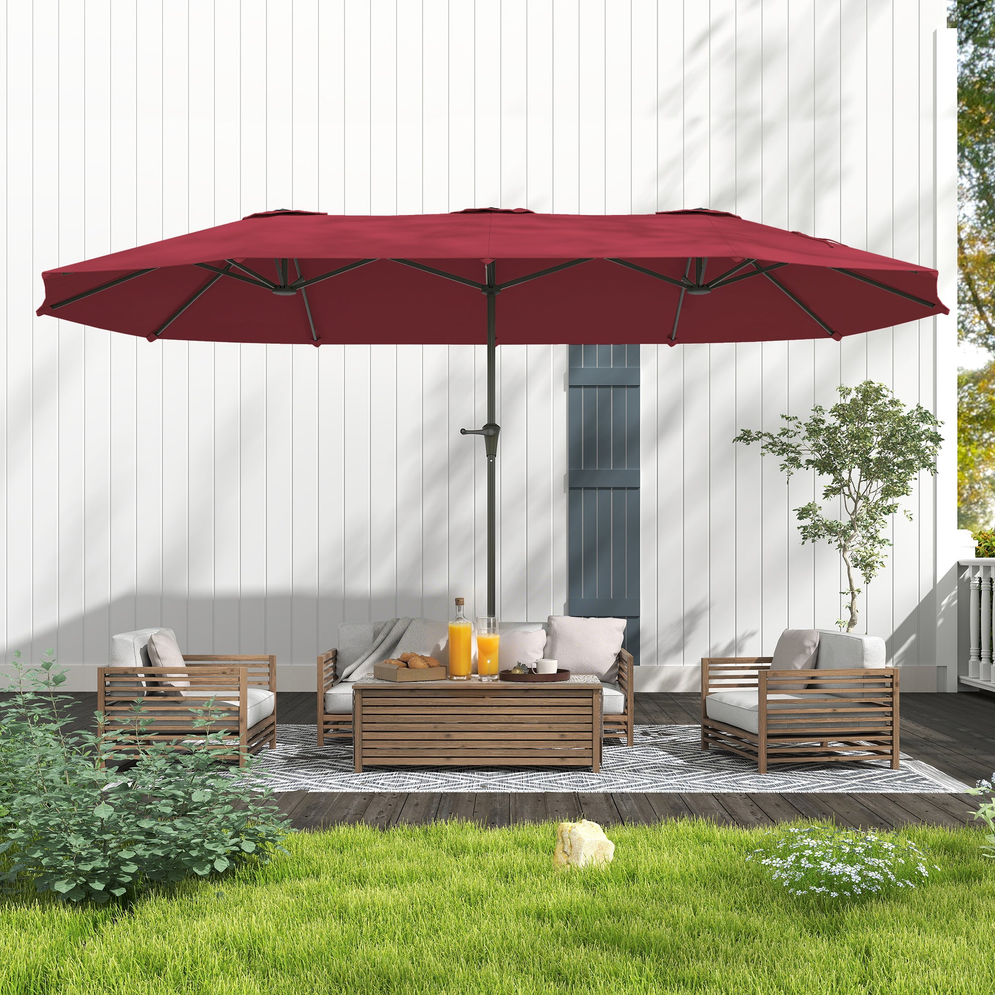 Double Garden Umbrella 4x2.2 m with 12 Ribs with Air Vents and Crank, Metal and Polyester Outdoor Umbrella, Anti UV 30+, Wine Red