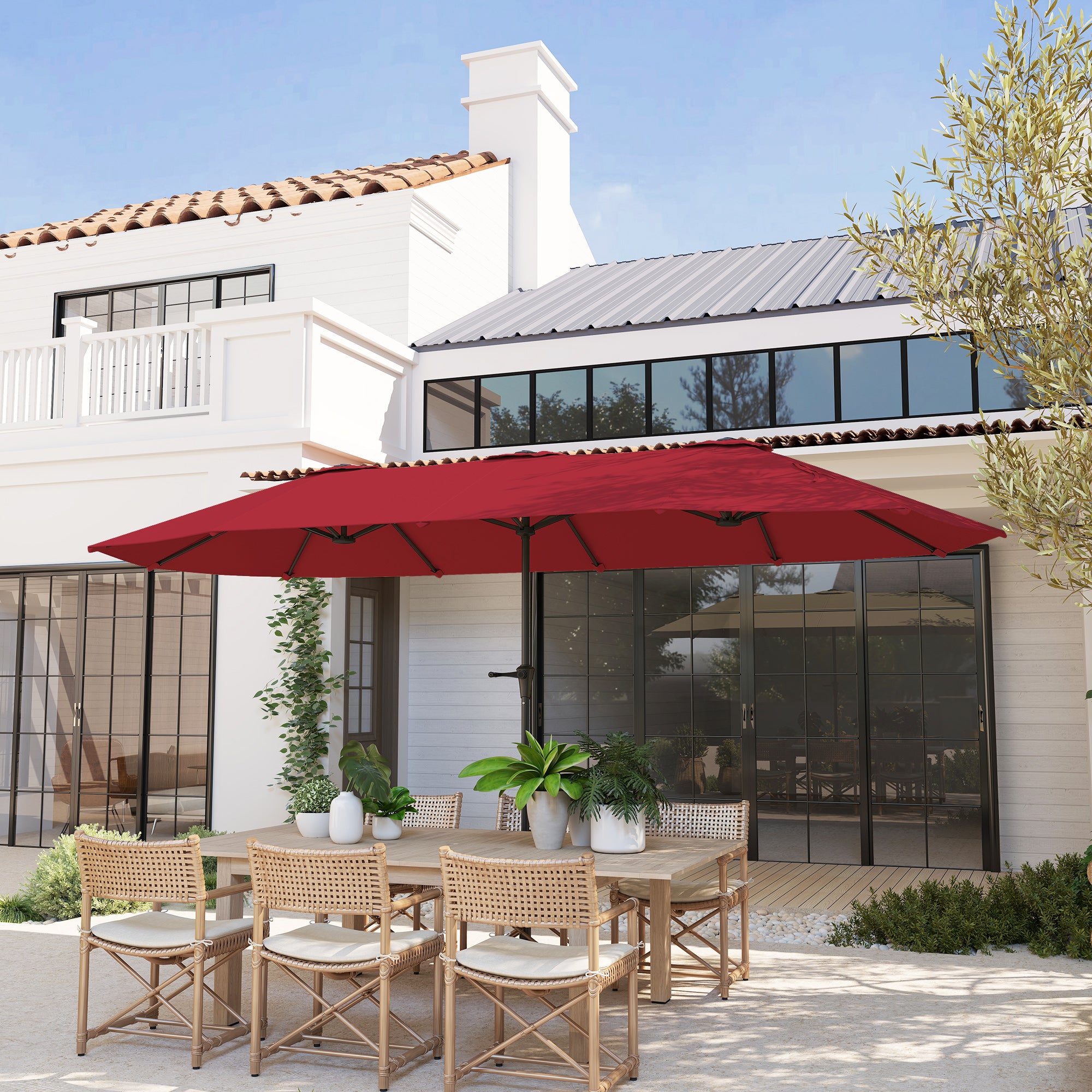 Double Garden Umbrella 4x2.2 m with 12 Ribs with Air Vents and Crank, Metal and Polyester Outdoor Umbrella, Anti UV 30+, Wine Red