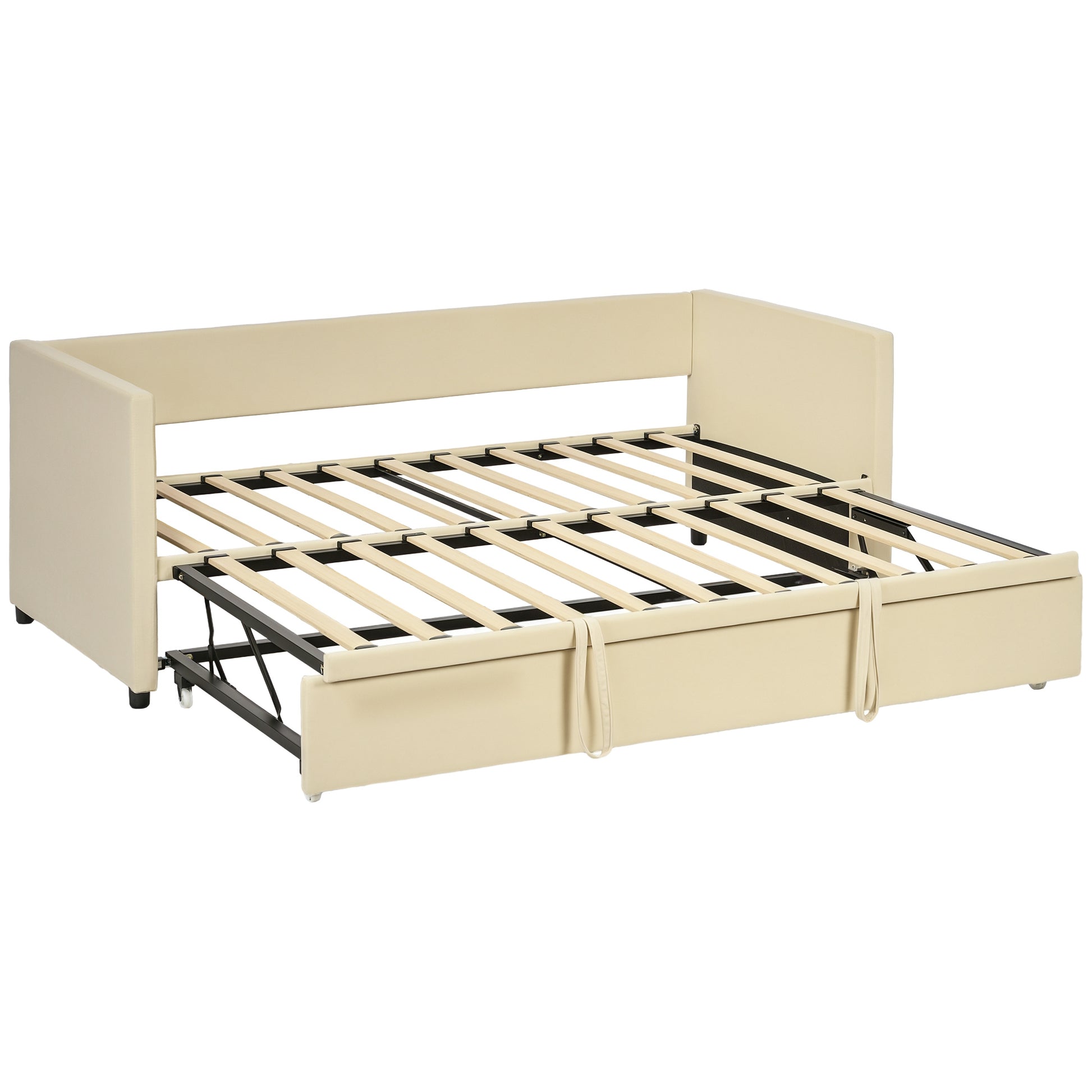 2-in-1 Daybed with Metal Base, Soft Upholstery, and Removable Lower Bed with Wheels for 90x190 cm Mattresses Beige