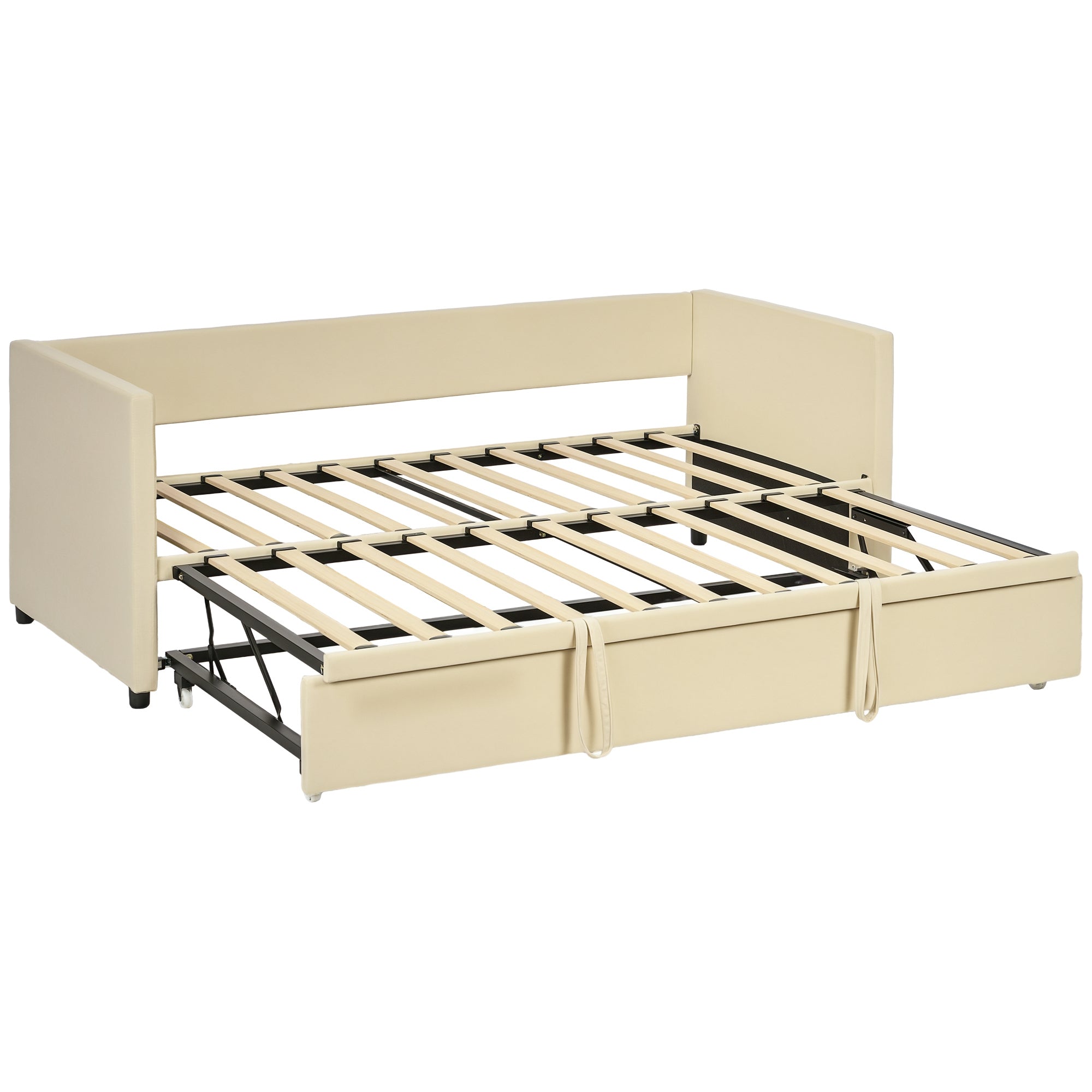 2-in-1 Daybed with Metal Base, Soft Upholstery, and Removable Lower Bed with Wheels for 90x190 cm Mattresses Beige
